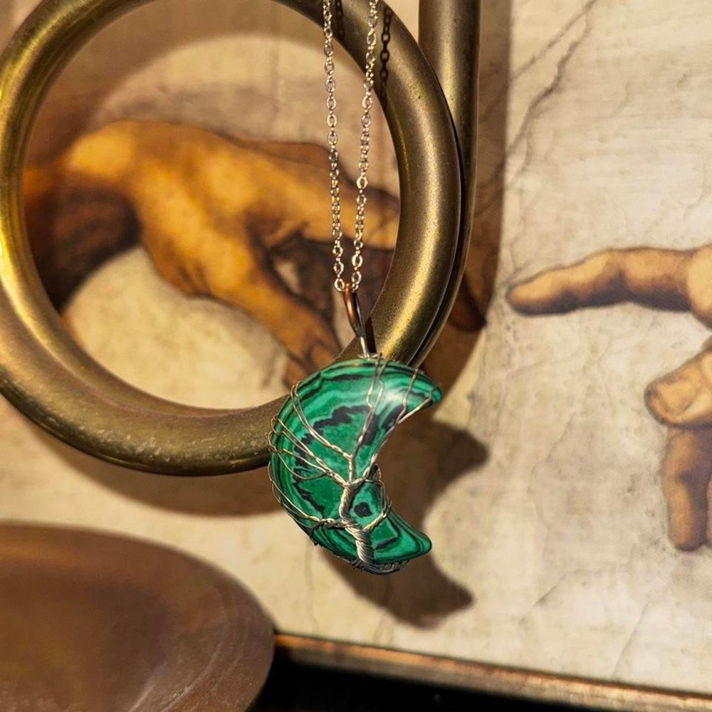 Malachite crescent moon tree necklace